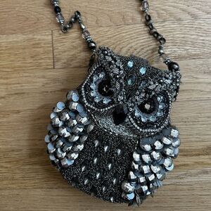 Mary Frances Beaded Silver & Charcoal Owl Purse